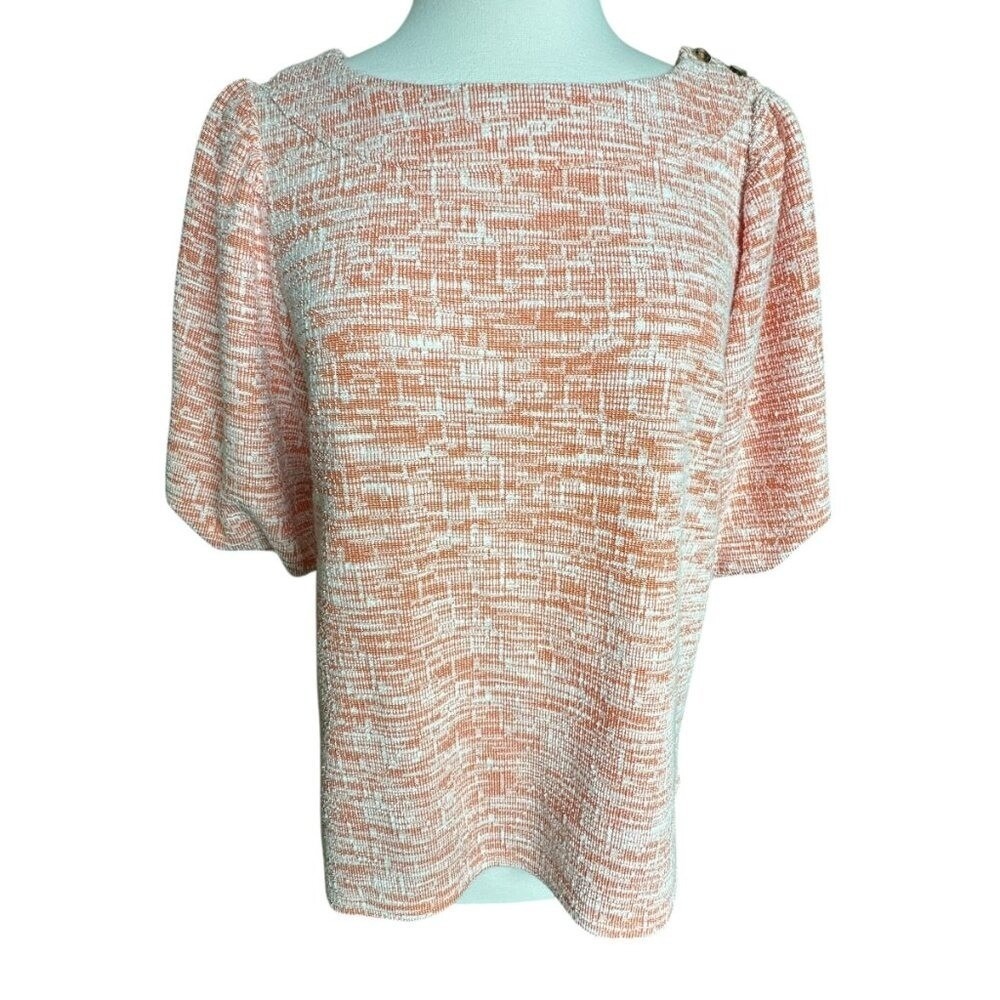 Melloday Knit Top M Orange White Puff Sleeve Tweed Cottagecore Boat Neck Classic - Picture 3 of 14